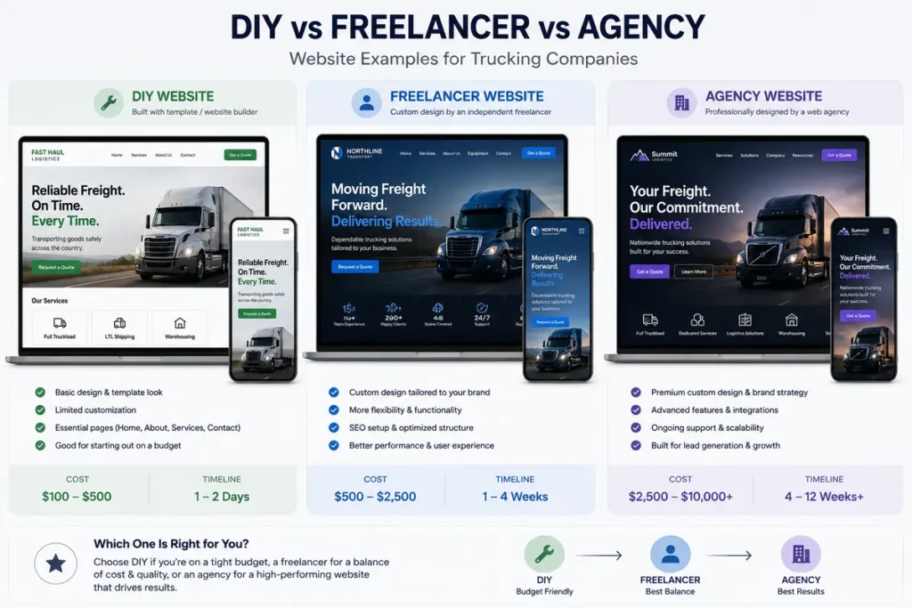 side-by-side comparison graphic of DIY vs freelancer vs agency trucking website cost