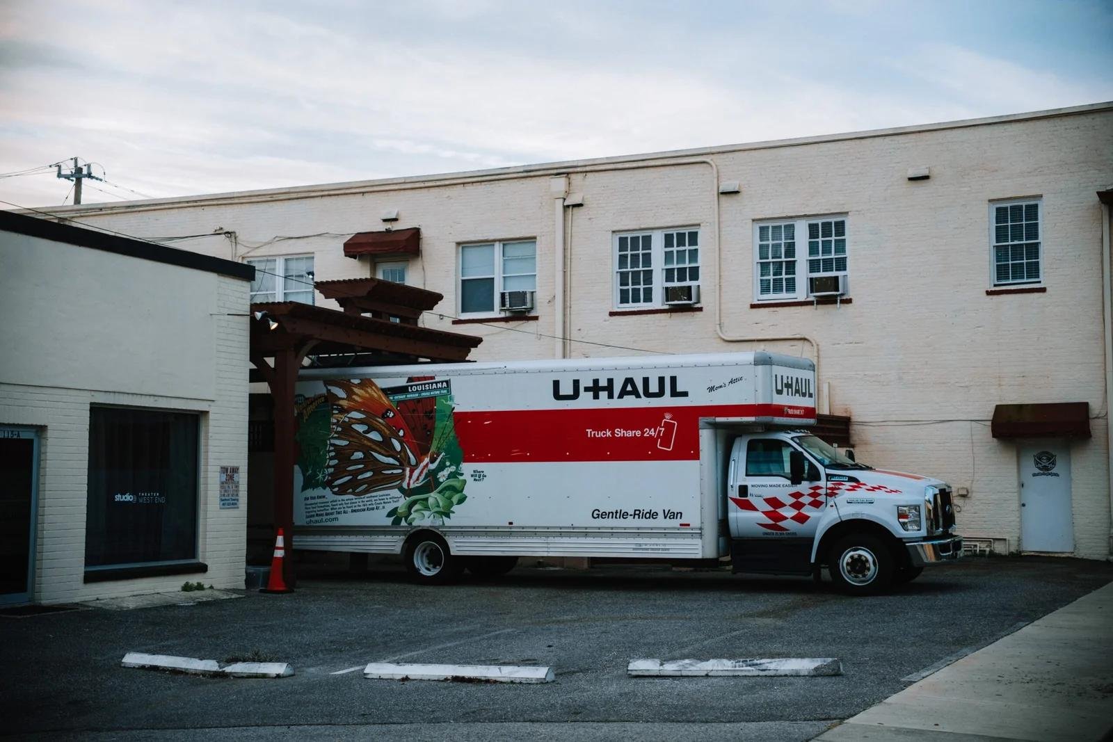 Moving company truck parked on a US street